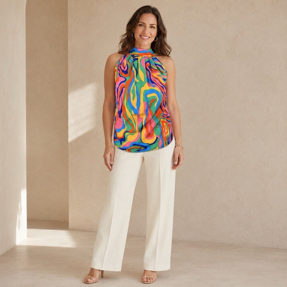 Women’s Psychedelic Swirl Halter Top High Neck Sleeveless Retro Mod Colorful
